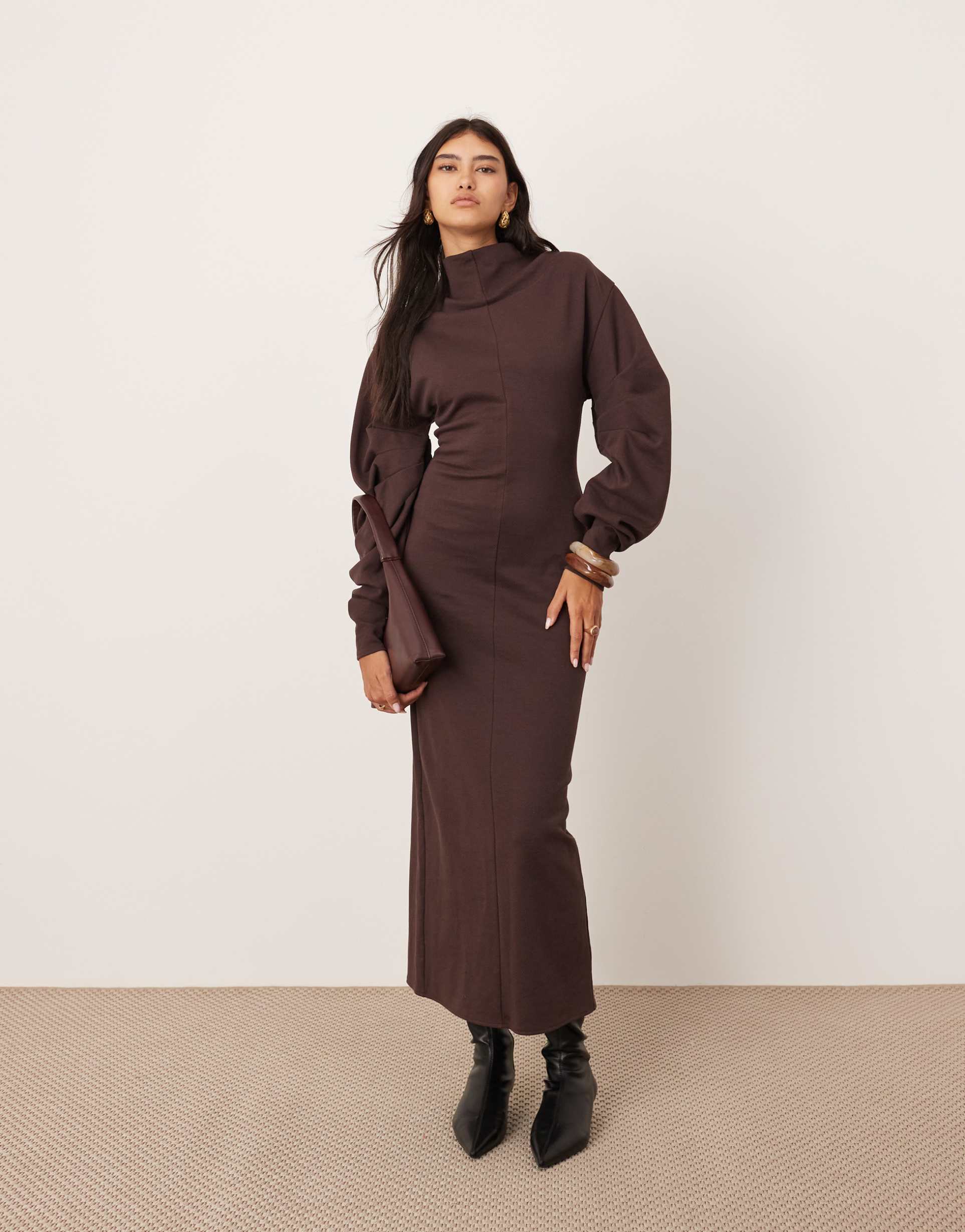 asos edition textured jersey column midaxi dress with pleat sleeves in mahogany