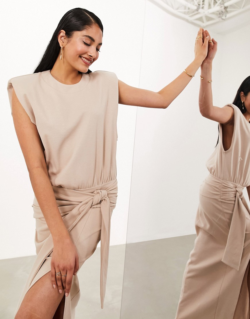 ASOS EDITION textured jersey shoulder pad midaxi dress with knot detail in mocha-Neutral