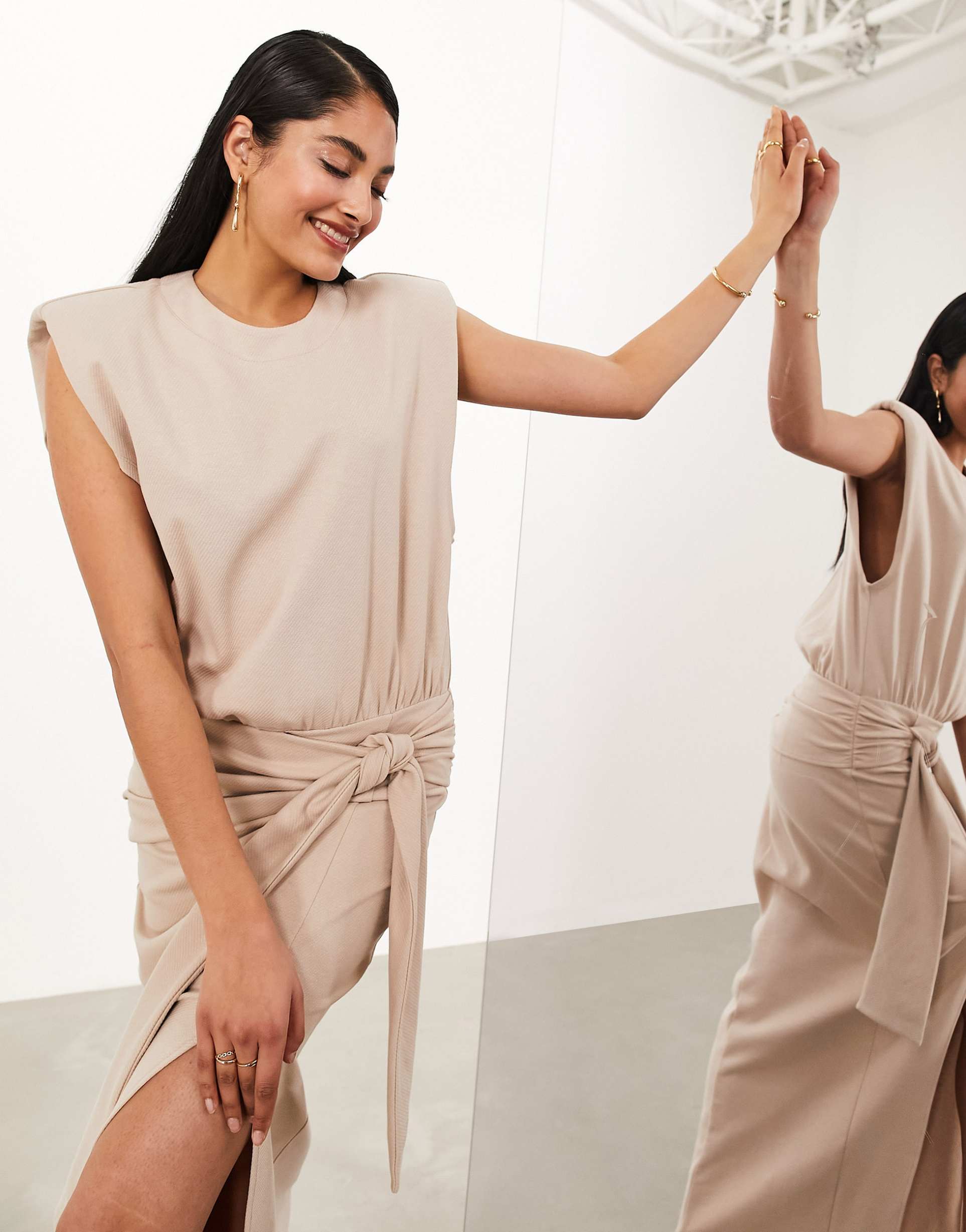 asos edition textured jersey shoulder pad midaxi dress with knot detail in mocha