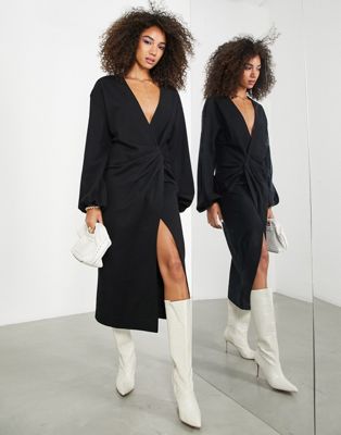 ASOS EDITION textured jersey slouchy midi dress with drape front in black - ASOS Price Checker