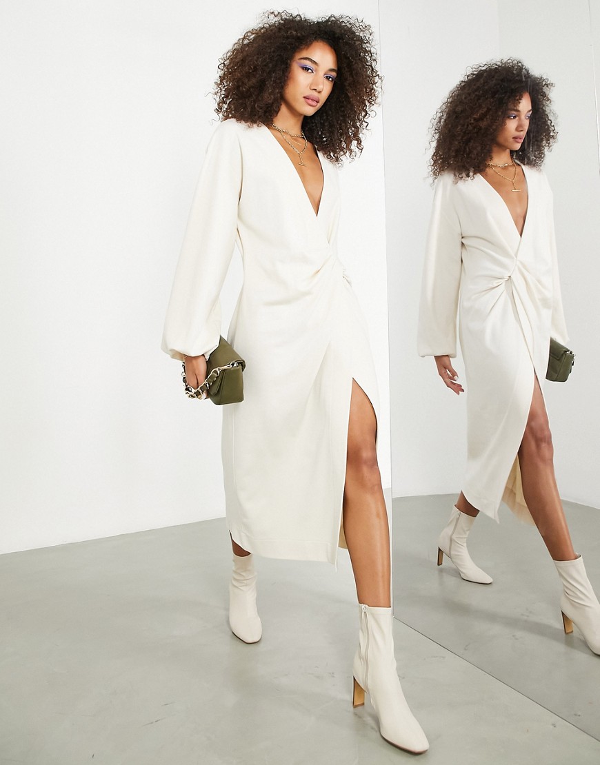 ASOS EDITION textured jersey slouchy midi dress with drape front in cream-White