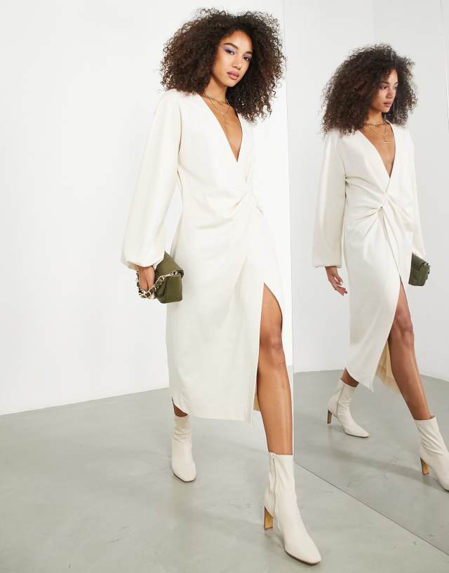 ASOS EDITION textured jersey slouchy midi dress with drape front in cream