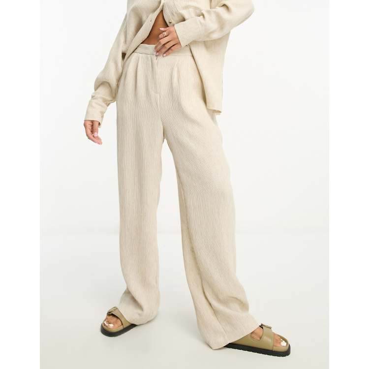 Stone Woven Linen Feel High Wide Leg Trousers