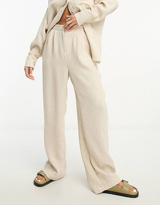 ASOS EDITION textured linen mix wide leg trouser in stone