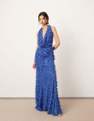 Asos Design Textured Statement Cowl Neck Maxi Dress In Blue-multi