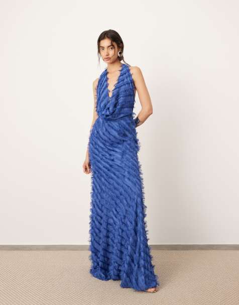 ASOS EDITION textured statement cowl neck maxi dress in blue - view 1