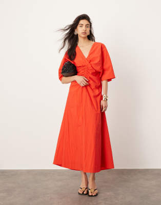 Asos Design Curve Textured Wide Sleeve Midi Dress With Ruched Waist In Orange-neutral