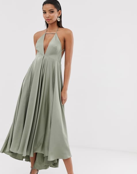 ASOS EDITION – Tief ausgeschnittenes Midi-Camisole-Kleid mit ausgestelltem Faltenrock