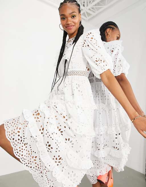 ASOS EDITION tiered broderie midi dress with ruffle in white | ASOS