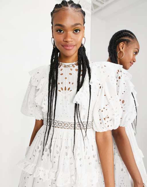 ASOS EDITION tiered broderie midi dress with ruffle in white