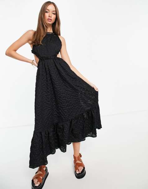 ASOS EDITION tiered hem organza check midi dress with open back in black - view 1