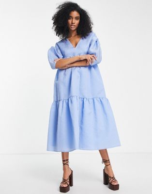 Asos Design Tiered Jacquard Midi Dress With Bow Back In Blue