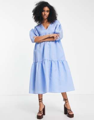 Asos Design Tiered Jacquard Midi Dress With Bow Back In Blue