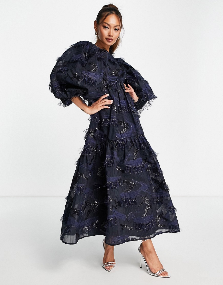ASOS EDITION tiered maxi smock dress in tinsel jacquard in navy