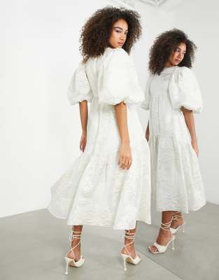 ASOS EDITION tiered metallic floral jacquard midi dress in ivory  - ASOS Price Checker