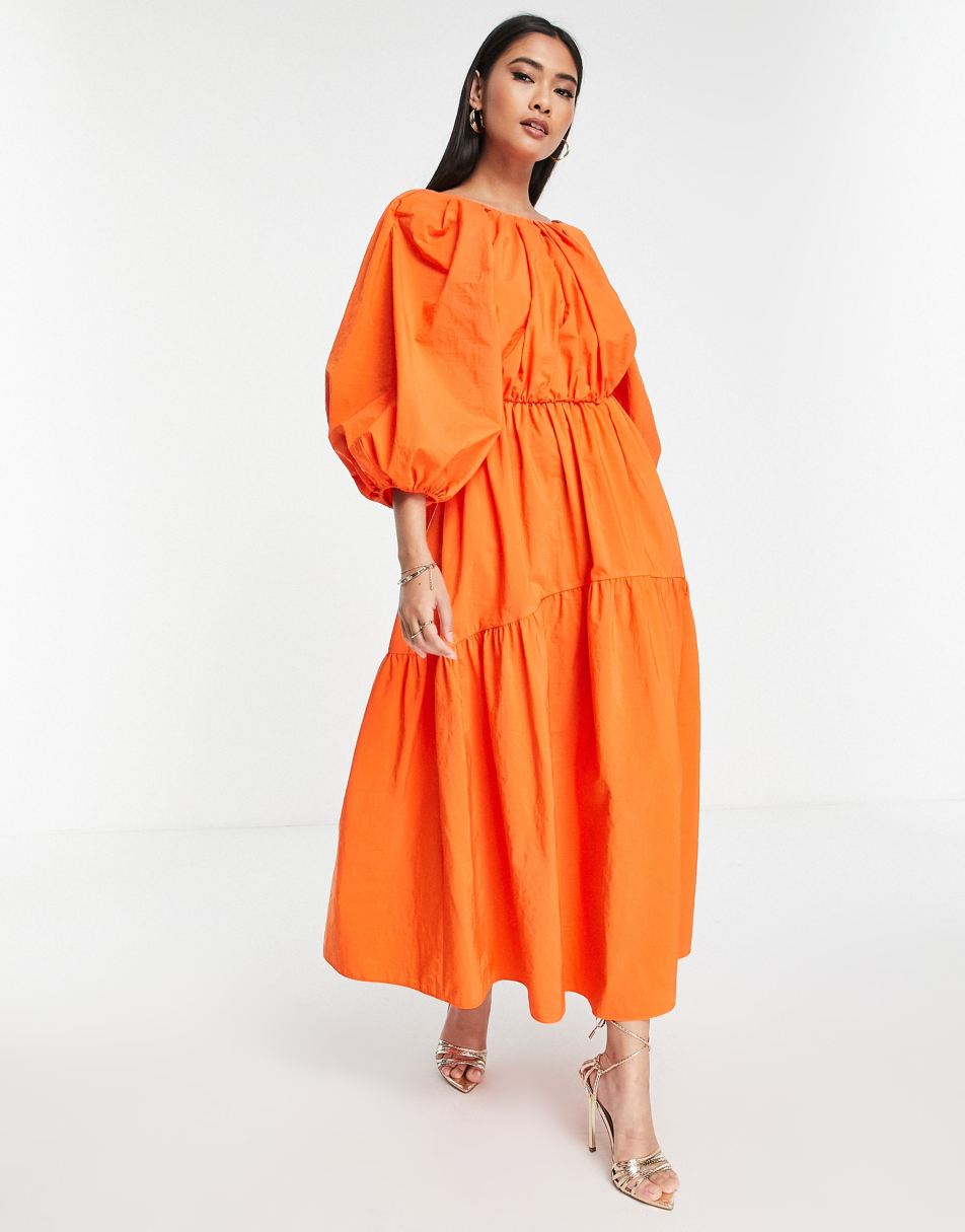 ASOS EDITION tiered midi dress with puff sleeve and tie back in bright  orange