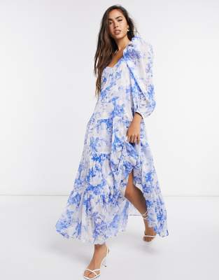 ASOS EDITION tiered midi dress with puff sleeve in blue floral print | ASOS