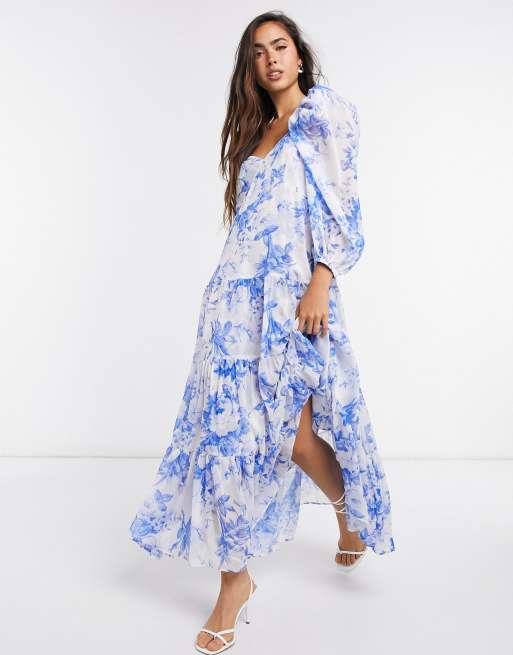 ASOS EDITION large scale floral and leaf embroidered midi dress in white  and blue