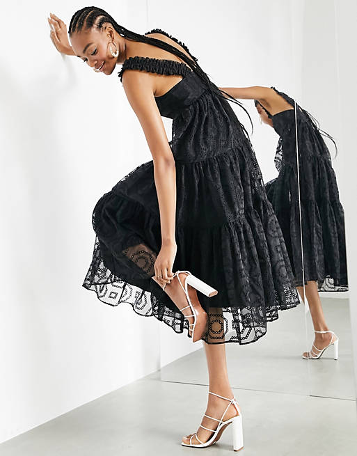 tiered organza broderie mini dress with ruffle strap in black 