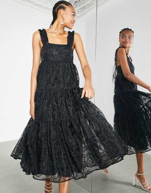 ASOS EDITION tiered organza broderie mini dress with ruffle strap in black, 3 of 4