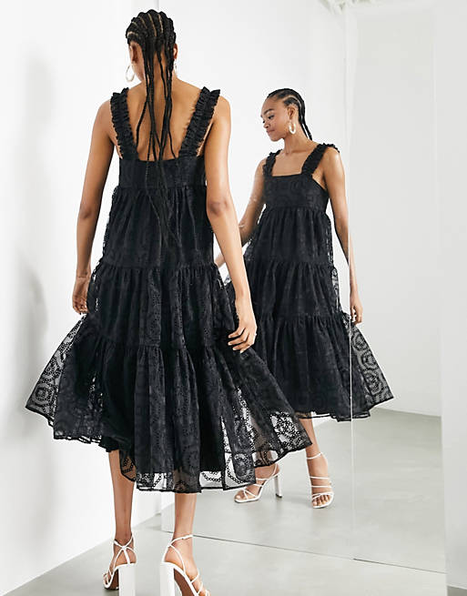 Women tiered organza broderie mini dress with ruffle strap in black 