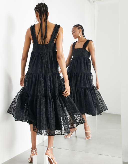 ASOS EDITION tiered organza broderie mini dress with ruffle strap in black, 4 of 4