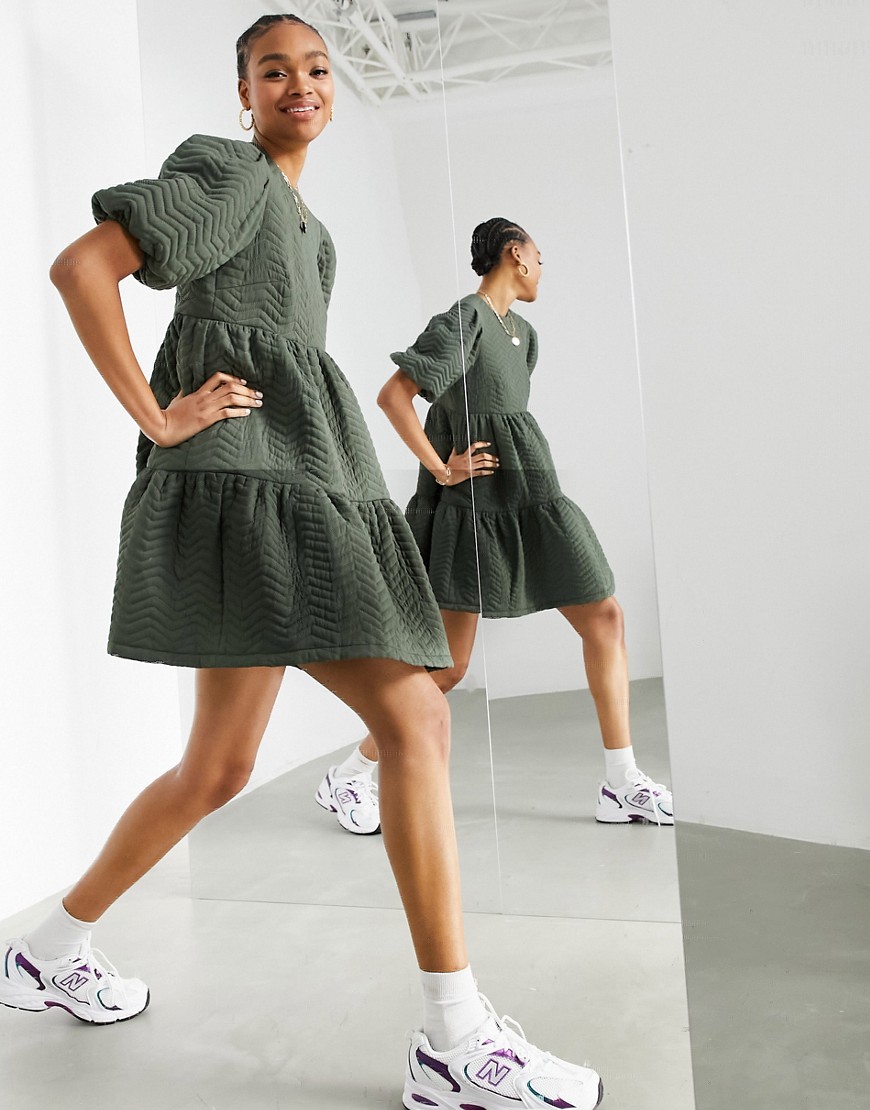 ASOS EDITION tiered quilted mini smock dress in olive green