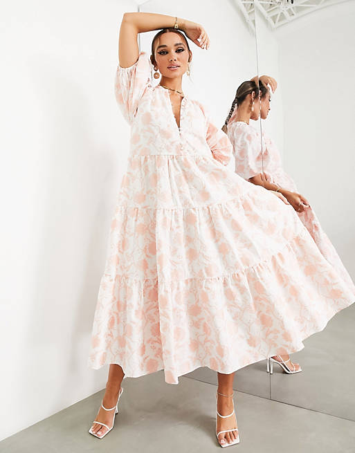 ASOS EDITION tiered smock midi dress in pink floral jacquard