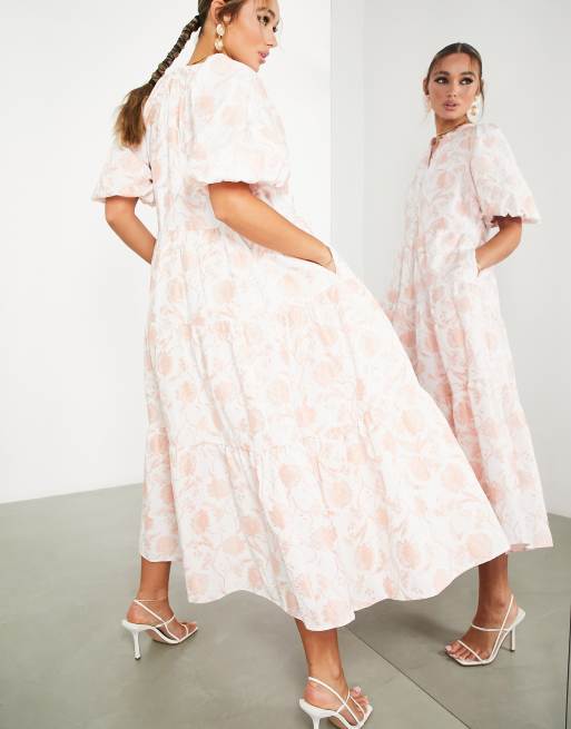ASOS EDITION tiered smock midi dress in pink floral jacquard , 2 of 4