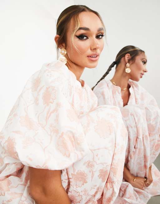 ASOS EDITION tiered smock midi dress in pink floral jacquard , 3 of 4