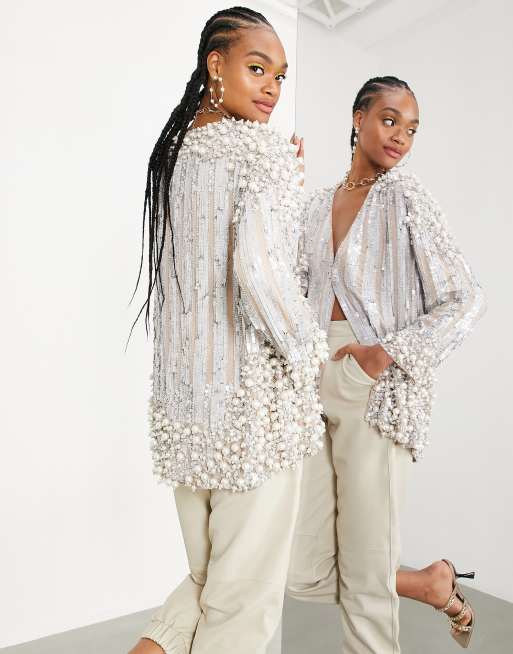 ASOS EDITION – Tofs- och pärlutsmyckad jacka