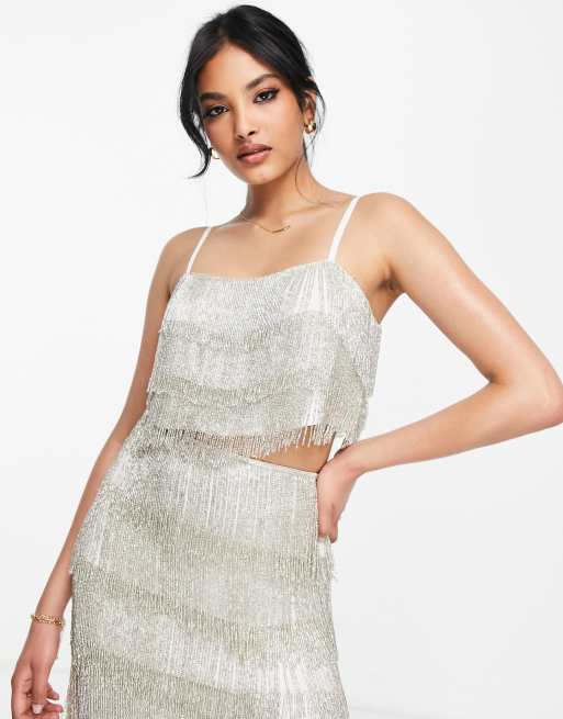 ASOS Edition - Top argento con frange con perline e spalline sottili