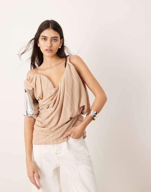 ASOS EDITION - Top corset drapé et structuré à épaules dénudées - Imprimé rayé taupe