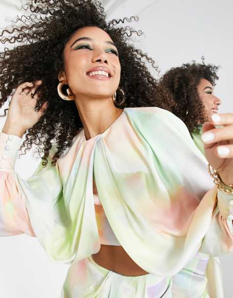 ASOS Edition - Top drappeggiato in raso con stampa effetto acquerello - view 1