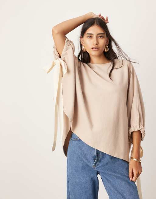 ASOS EDITION - Top extra largo in jersey oversize color moka con laccetti a contrasto
