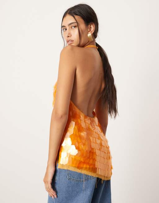 ASOS EDITION - Top met halternek en lange pasvorm versierd met scherflovertjes in oranje, 4 van 4