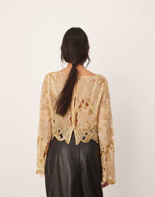 ASOS EDITION - Top met lange mouwen, uitsnijdingen en geborduurde bloemversiering in goud, 3 van 4