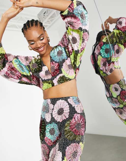 ASOS EDITION top with oversized sleeves in large floral bead and sequin co ord ASOS