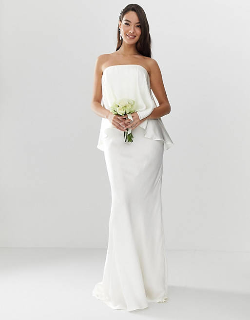 ASOS EDITION – Trägerloses Hochzeitskleid mit Satinoverlay und Schleppe