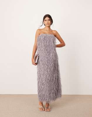 ASOS EDITION - Trägerloses, strukturiertes Maxikleid in Metallic-Taubengrau mit Korsettdetail