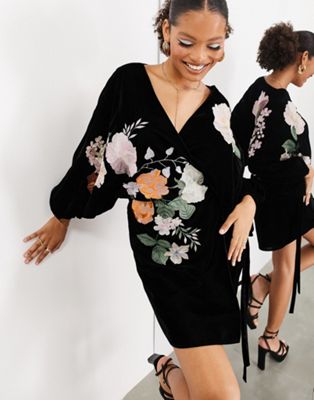 Asos Design Trailing Floral Embroidered Blouson Sleeve Velvet Mini Wrap  Dress In Black