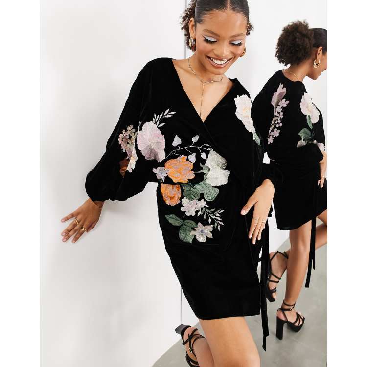 ASOS EDITION waisted blouson sleeve floral embellished mini dress