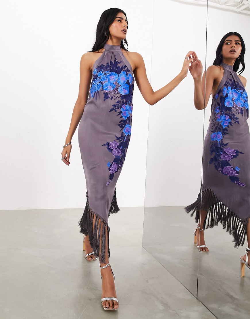 Asos Design Trailing Floral Embroidered Fringe Hem Halter Midi Dress-gray
