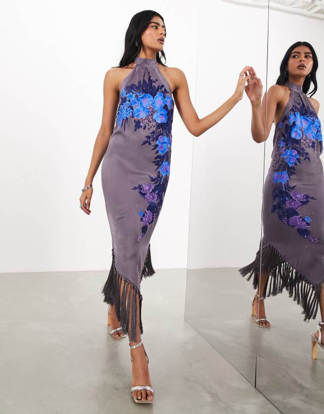 asos edition floral embroidered halter prom midi dress trailing fringe hem Asos design