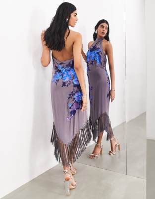 ASOS EDITION trailing floral embroidered fringe hem halter midi dress | ASOS