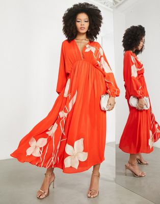 Asos Design Trailing Tulip Embroidered Gathered Waist Midi Dress In Tomato Red