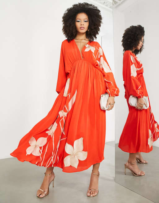 ASOS EDITION trailing tulip embroidered gathered waist midi dress in tomato  red