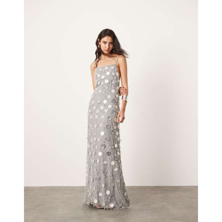 ASOS EDITION – Transparentes Maxikleid in Silber mit tiefem 