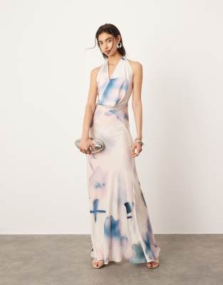 ASOS EDITION - Transparentes Statement-Maxikleid mit Wasserfallausschnitt und verschwommenem Blumenmuster-Bunt