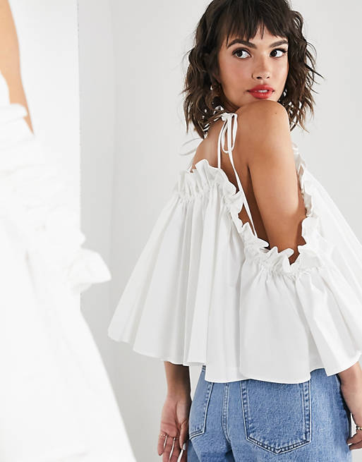 Women trapeze cami top with ruffle edge in white 